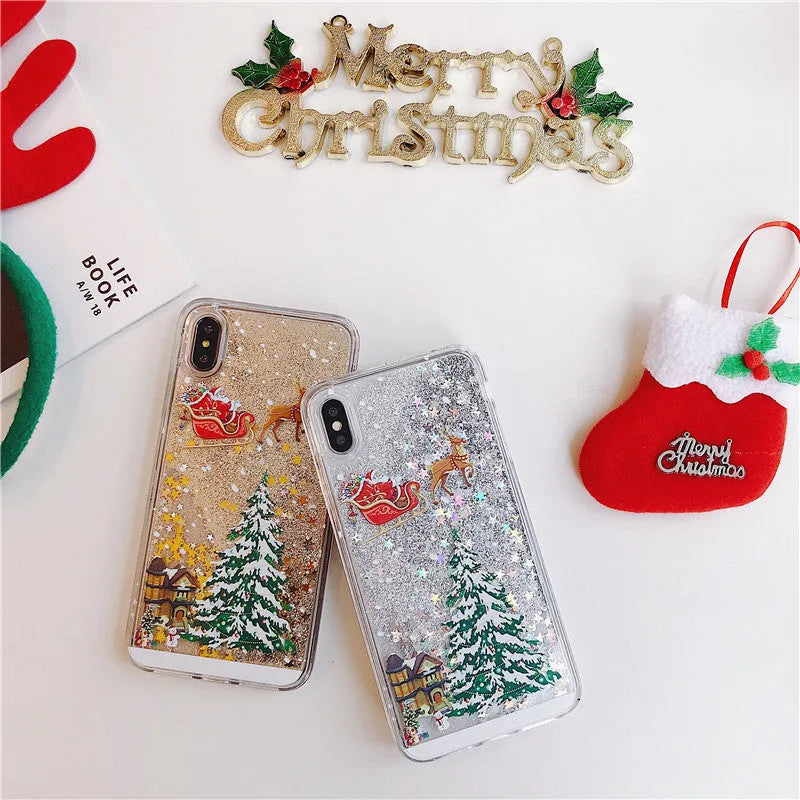 Christmas quicksand design iPhone case showing transparent double layer TPU and PC construction