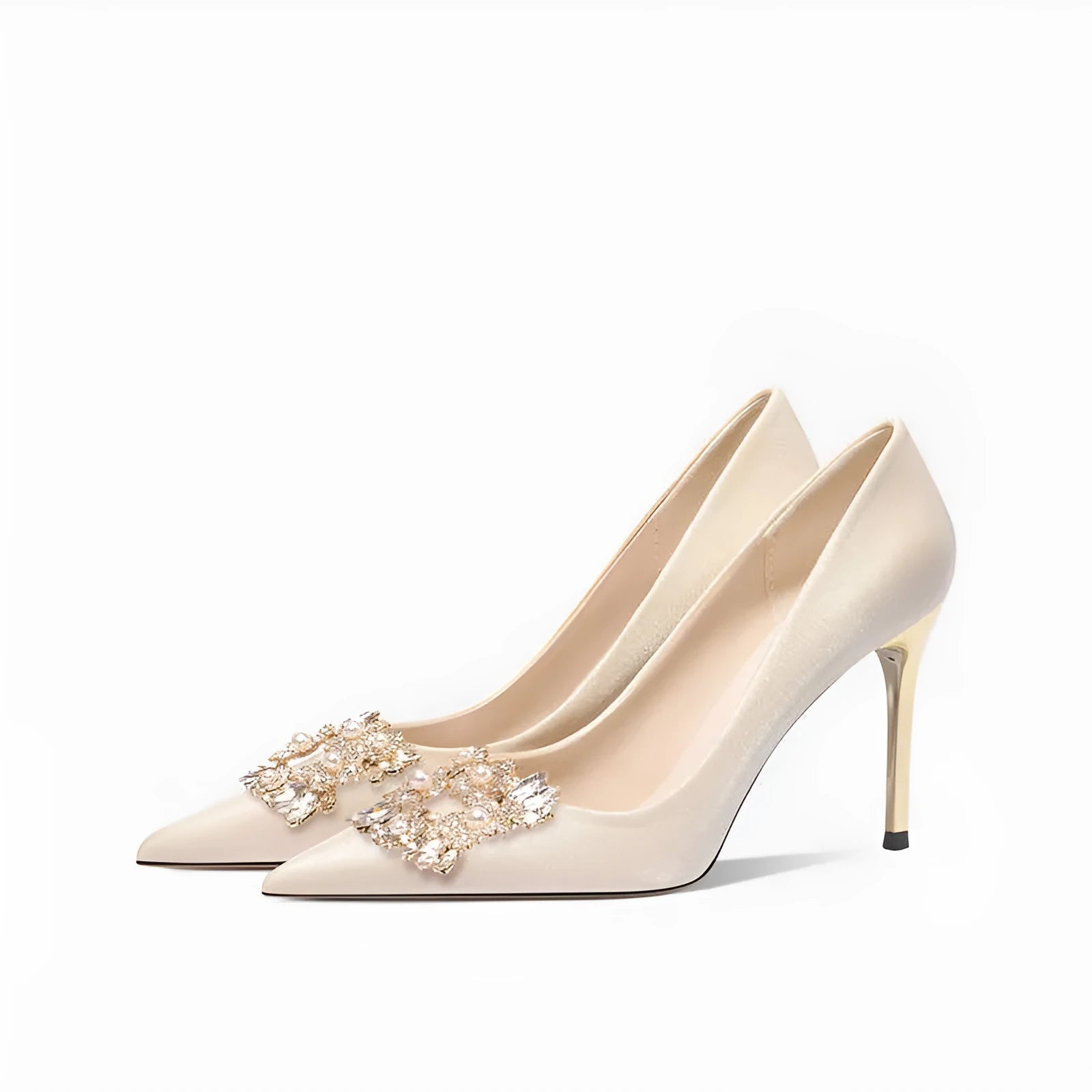 Women's crystal bridal high heels with rhinestone detail, pointed toe, and choice of stiletto or cat heel in 5cm or 8cm heights.
