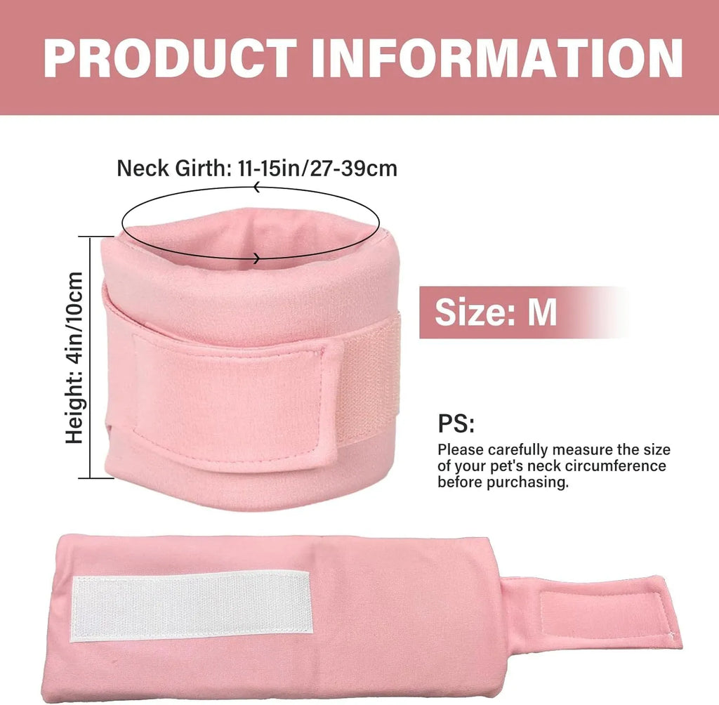 Soft grey cat cone collar neck brace for post-surgery recovery, shown next to a size chart.