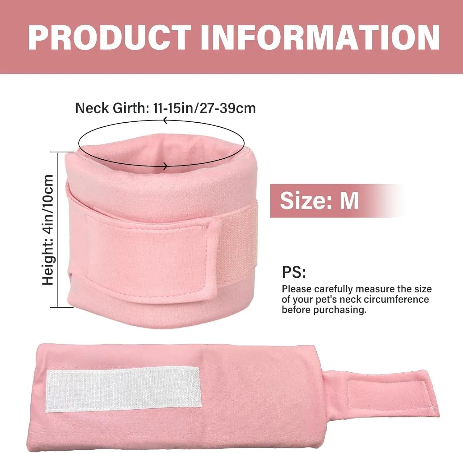 Soft grey cat cone collar neck brace for post-surgery recovery, shown next to a size chart.