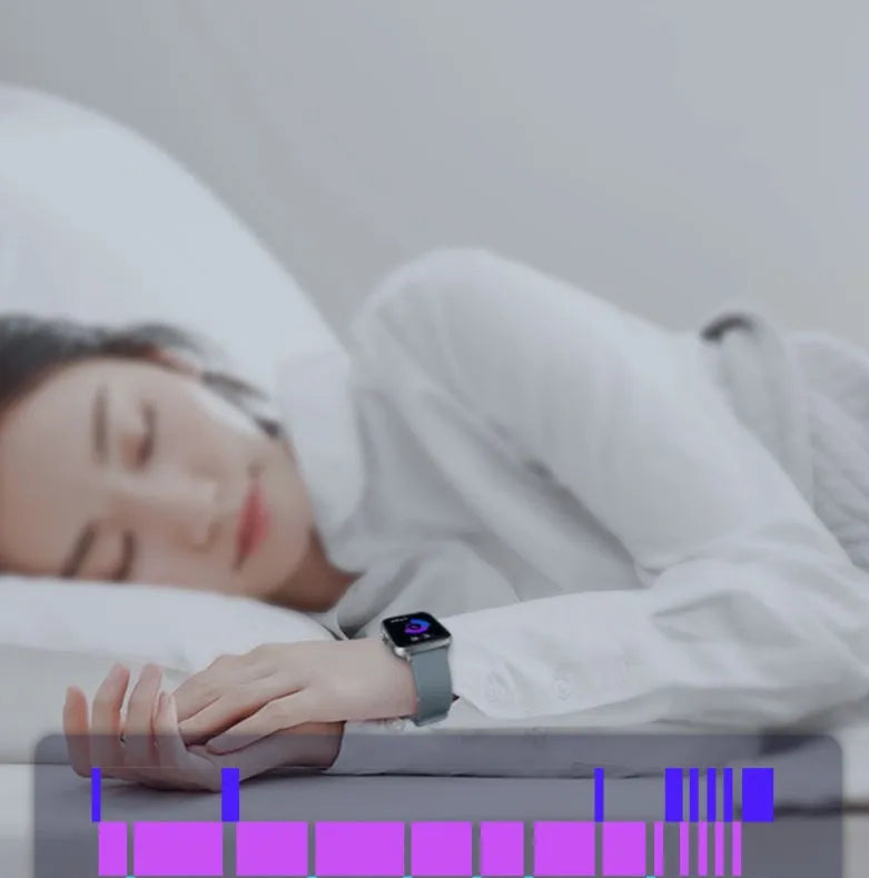 Blue smart watch with 1.7-inch colour touch screen on adjustable strap showing interface