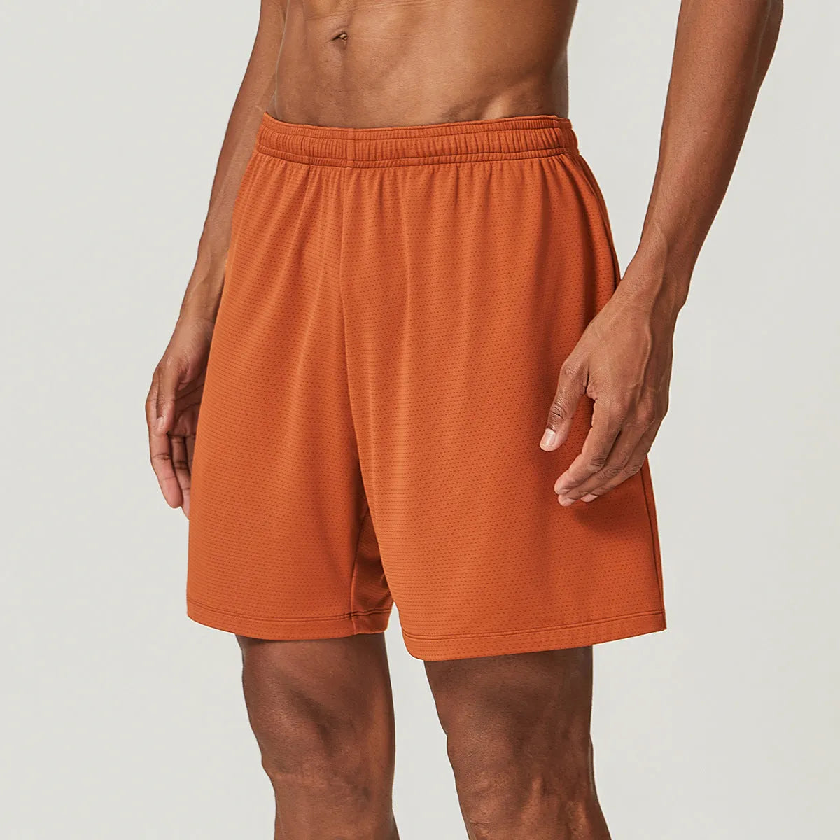 Men's sky green quick-dry running shorts with mid-waist and double-layer construction.