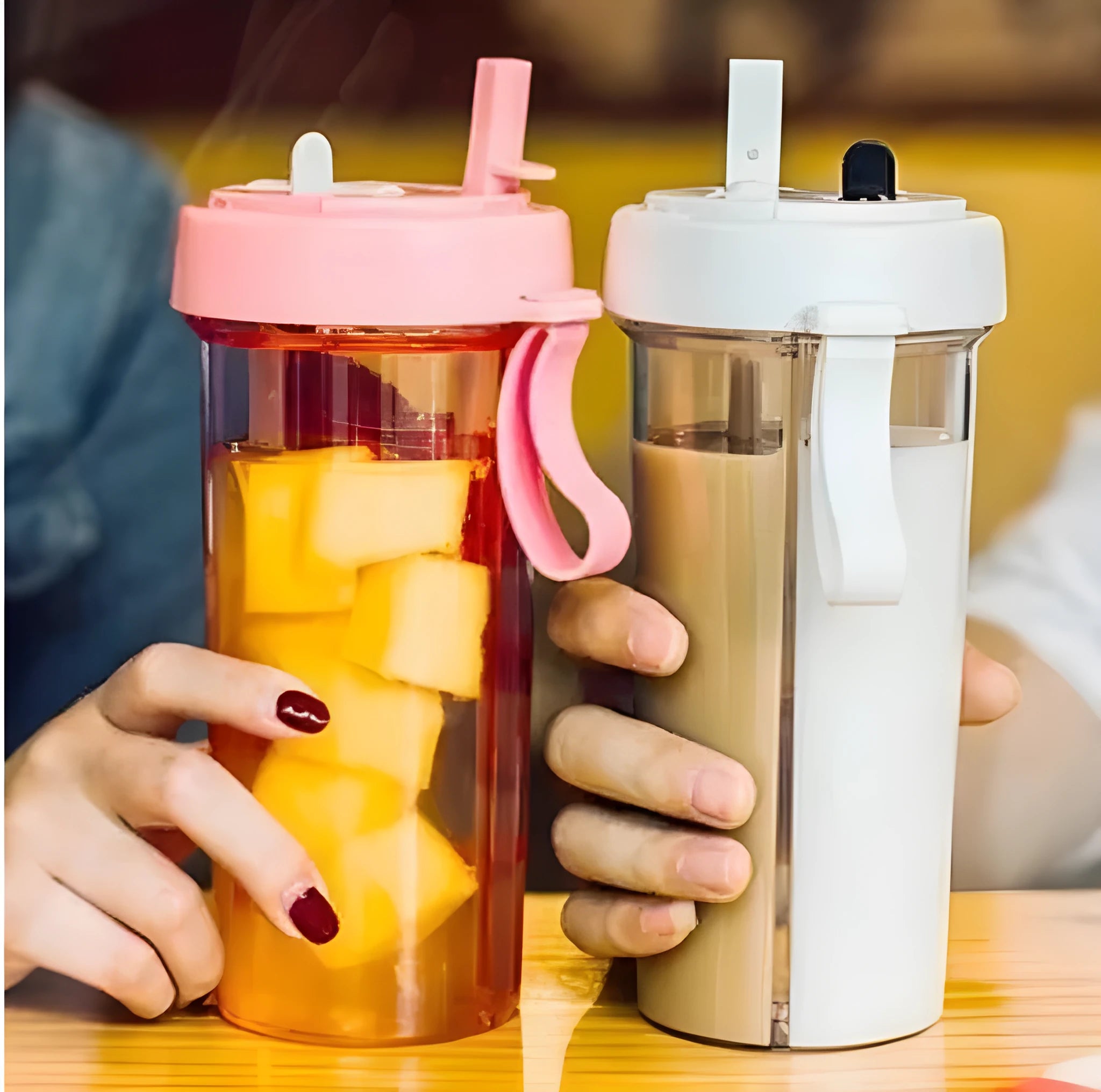 Double tube plastic water bottle in blue with two drinking tubes, 420ml size