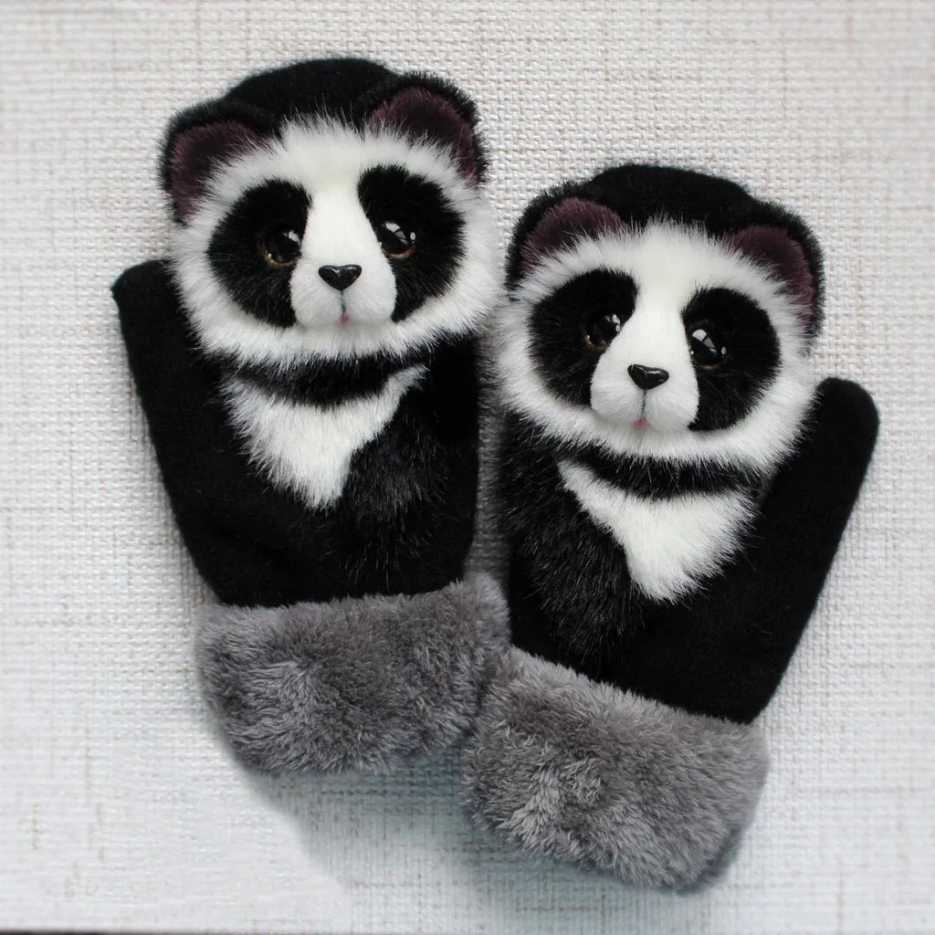 Cartoon animal fleece lined childrens knitted mittens 28cm total length one size