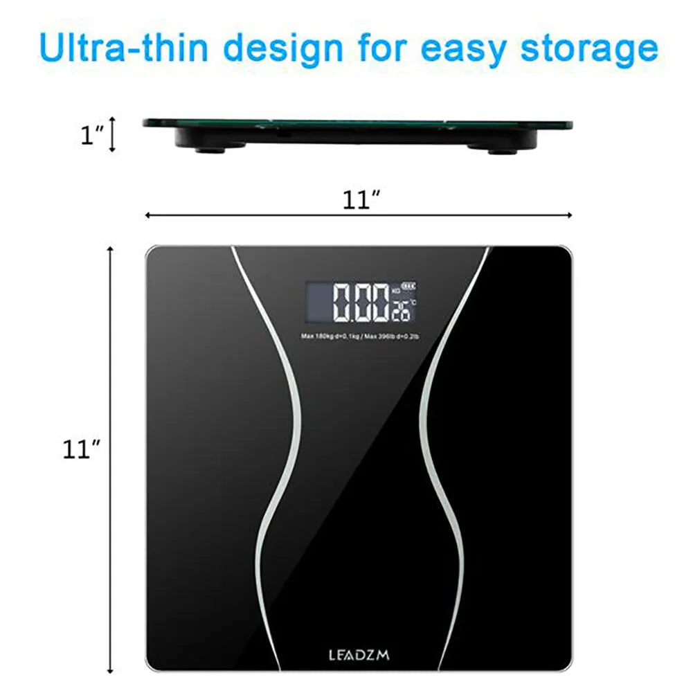 Black electronic body scale with LCD display showing weight measurement up to 180kg