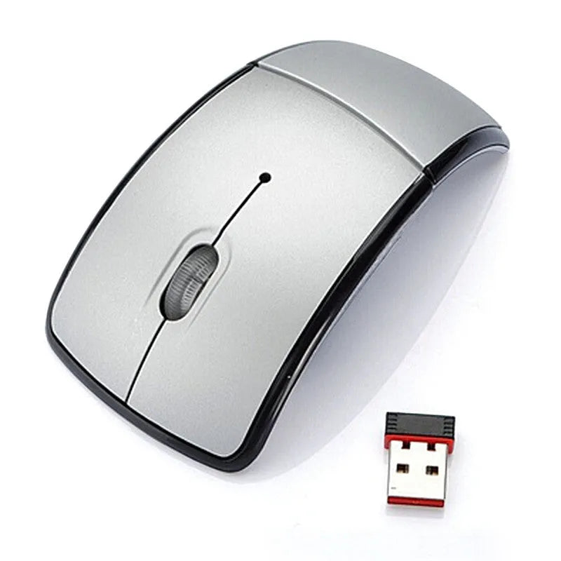 Black wireless foldable mouse with nano receiver and 2.4GHz connectivity, 1600CPI optical sensor, compact size 8.5x6x3.5 cm