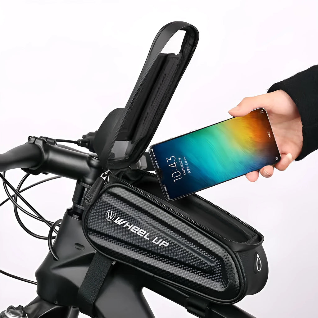 Black grey EVA bicycle phone bag with touchscreen window and reflective straps mounted on mountain bike frame