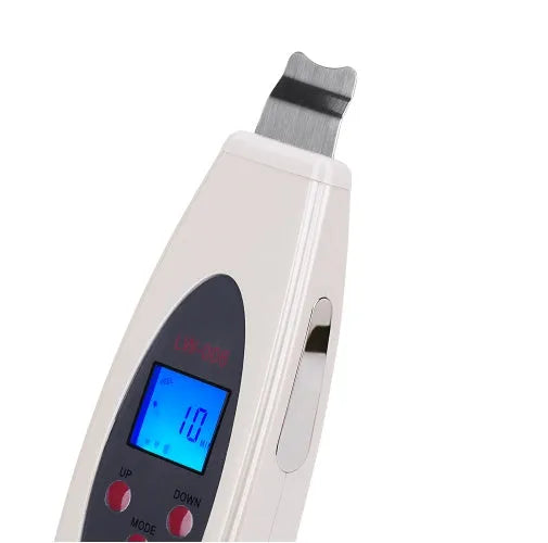White ultrasonic skin cleaner with spatula probe, ABS body, 1.75m cable, for blackhead removal and facial cleaning