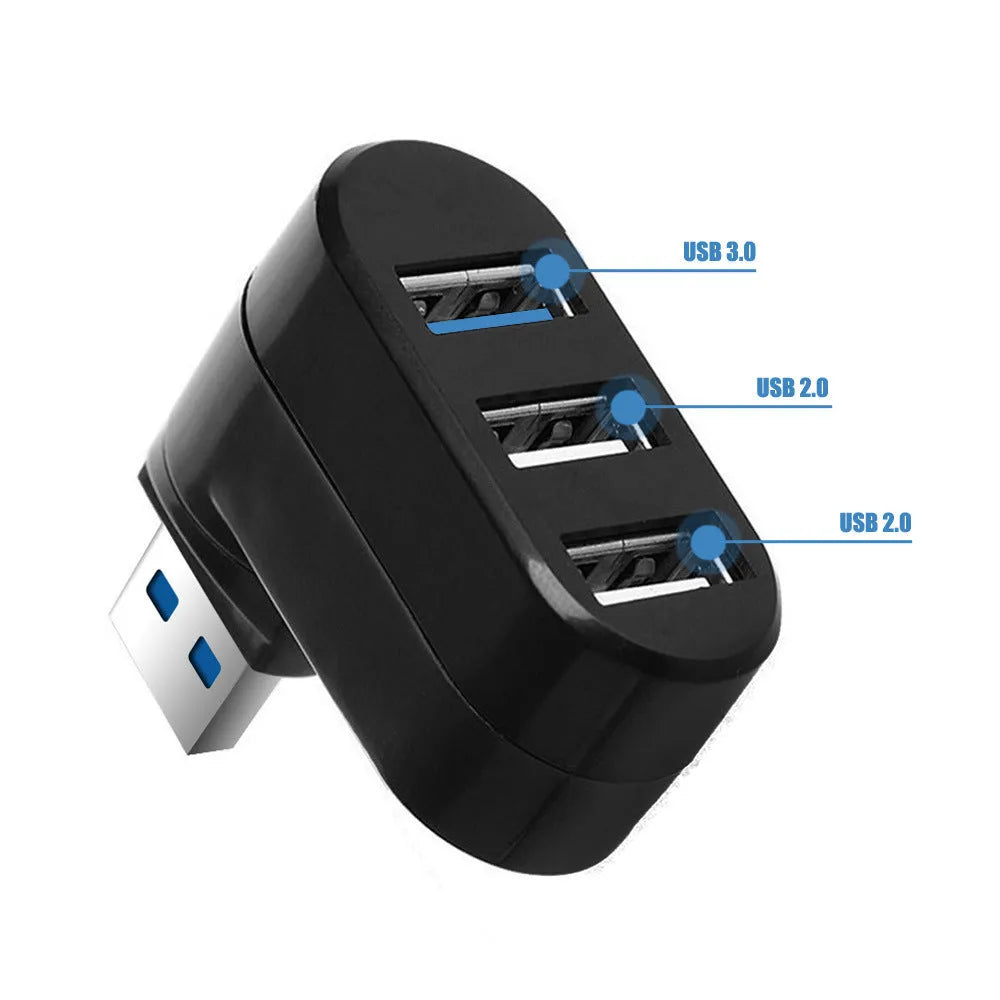 Black or white USB 2.0 rotary splitter hub with four ports on a blister card.