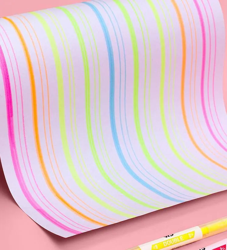 Six double-headed highlighter pens showing round and oblique nibs in six different colours