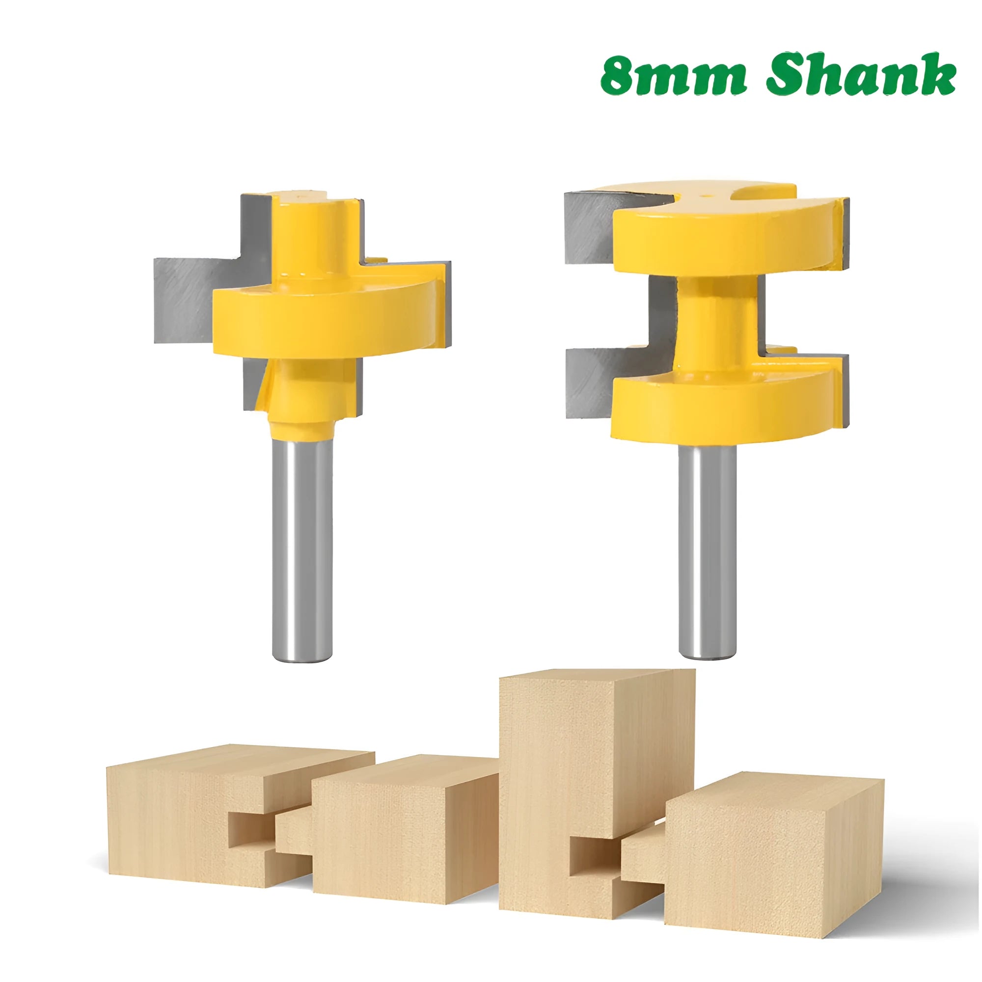 Yellow T-slot woodworking milling cutter with 30mm blade length and 8mm shank on white background