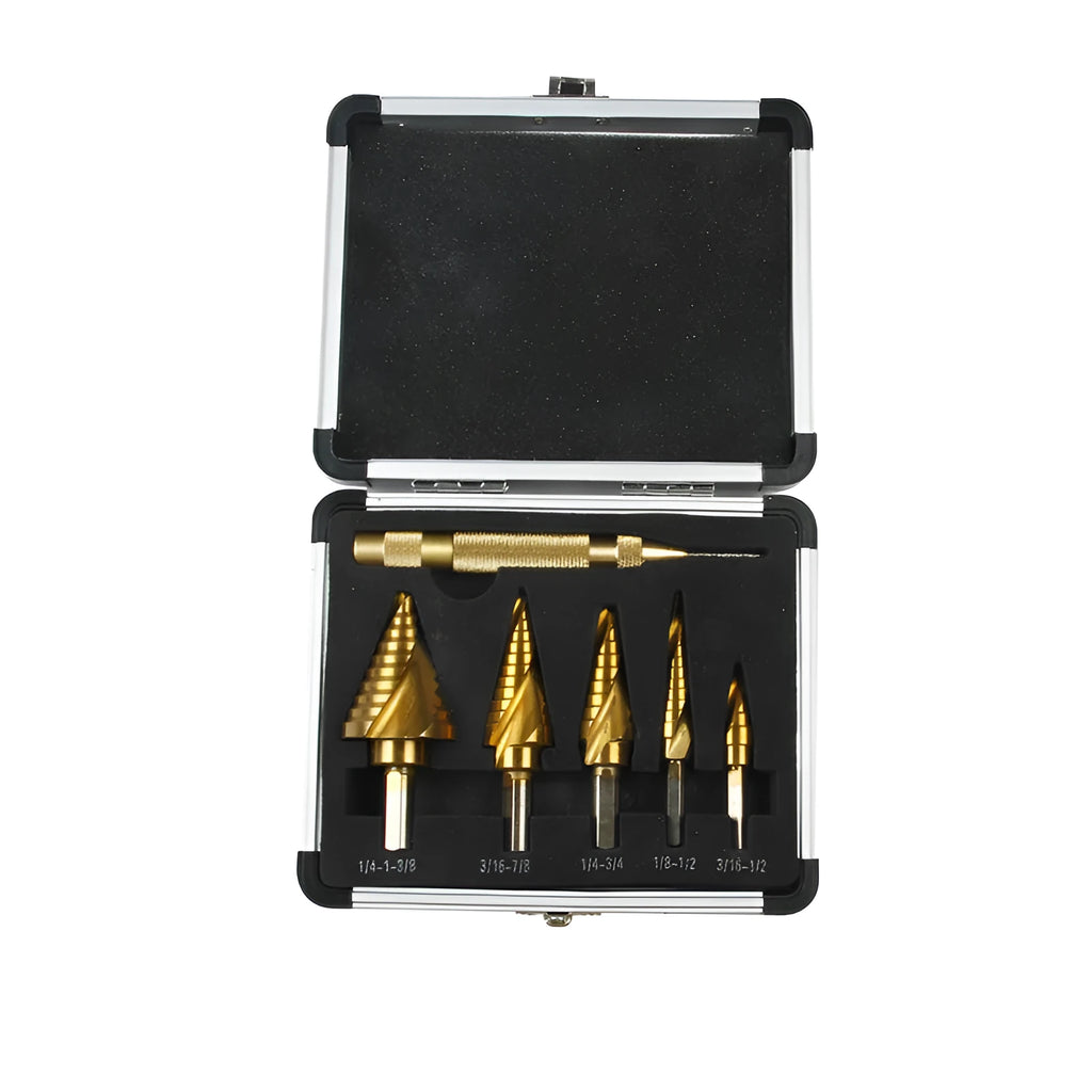 Gold-coloured steel and aluminium adjustable cutting tool with 118-degree blade tip.