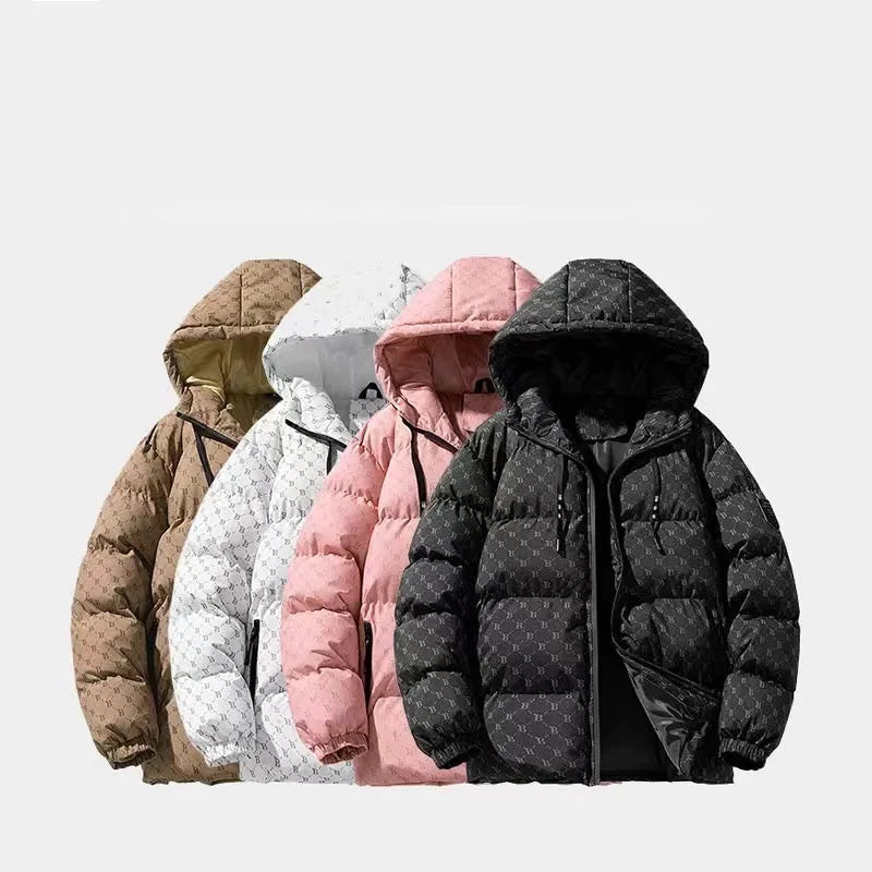 Men's hooded padded cotton coat, thickened polyester, sizes M to 5XL, colours white black coffee pink