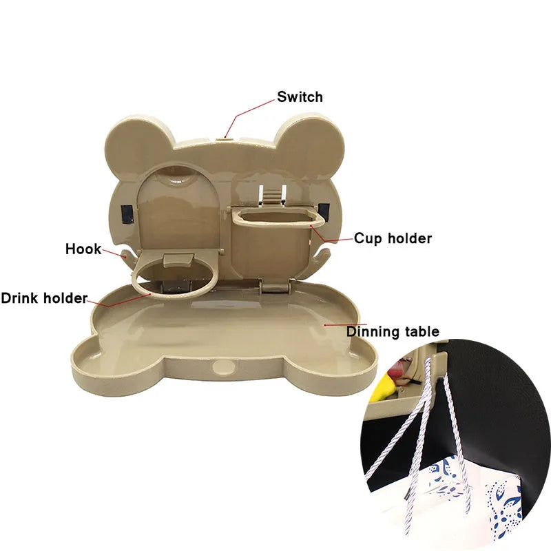Children's car seat table tray in black, 20x23.5cm, with one-button switch and side hooks for rubbish