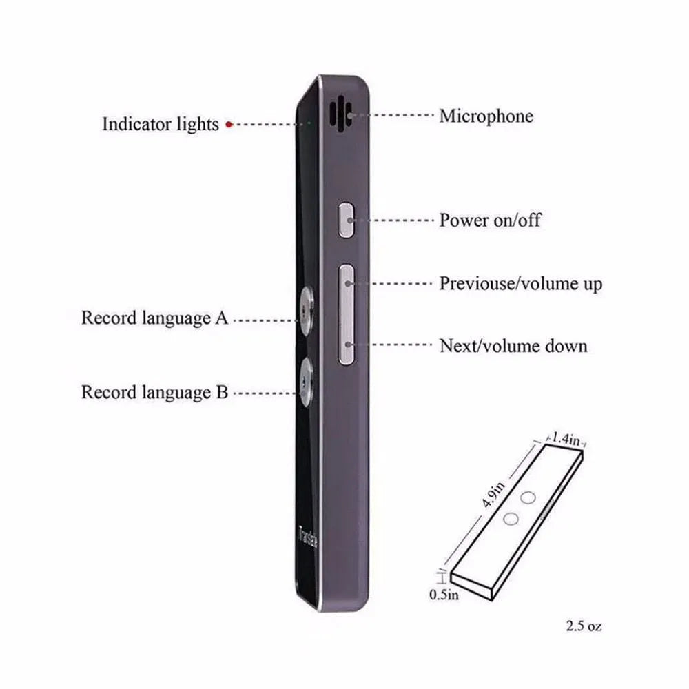 Portable voice translator device with Bluetooth, 30+ languages, and rechargeable battery, 123x36x12mm
