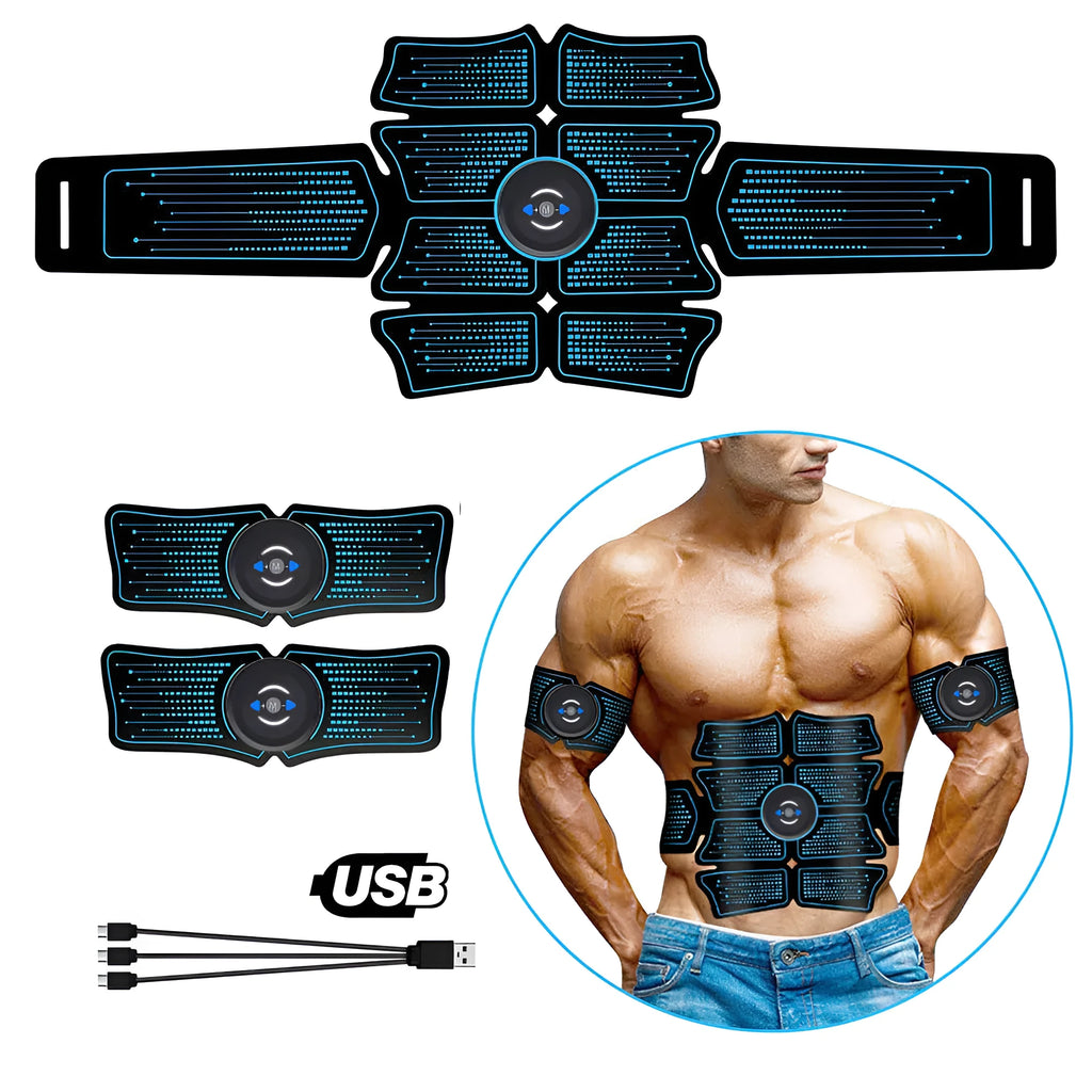EMS abdomen muscle stimulator with belly belt and two arm belts, USB rechargeable, black