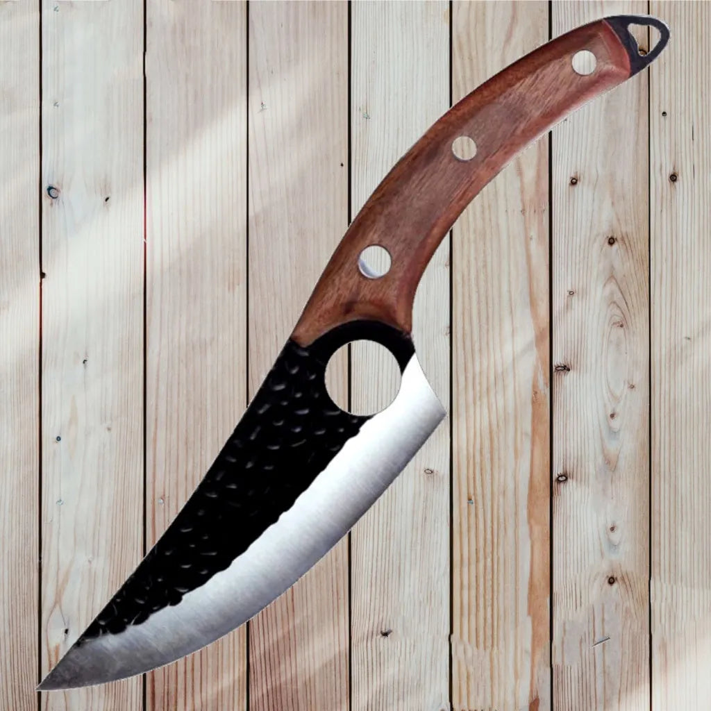 Slaughter and boning knife with curved blade, hammer pattern finish, ring handle, and brown leather sheath.
