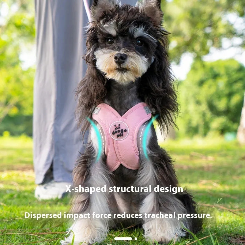 Polyester dog vest with attached hand holding rope in blue, green, pink, or yellow.