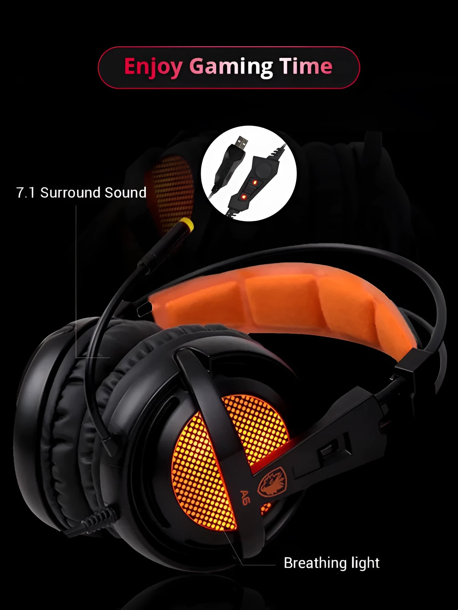 Black and white USB gaming headset with LED lights on ear cups and padded headband