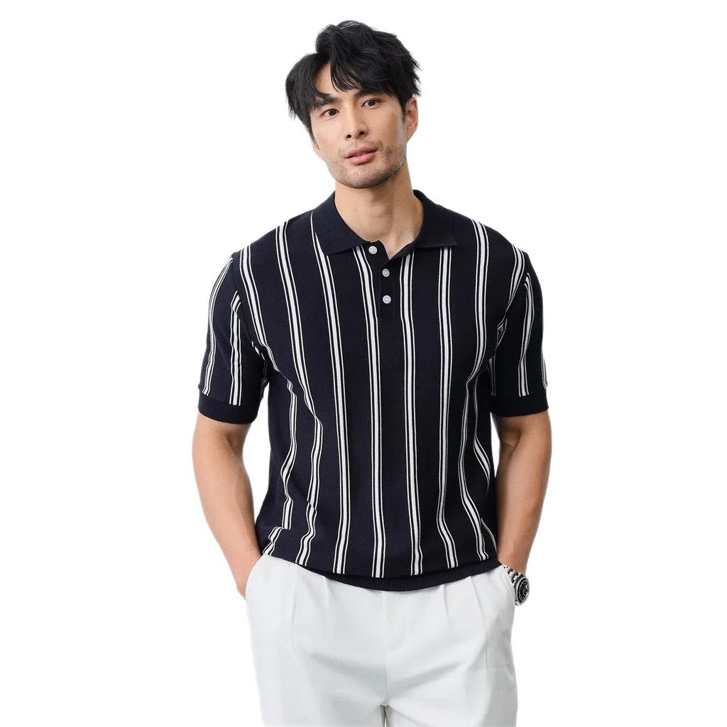 Men's striped short-sleeve knitted shirt with lapel collar in white, polyester blend, size M to XXXL