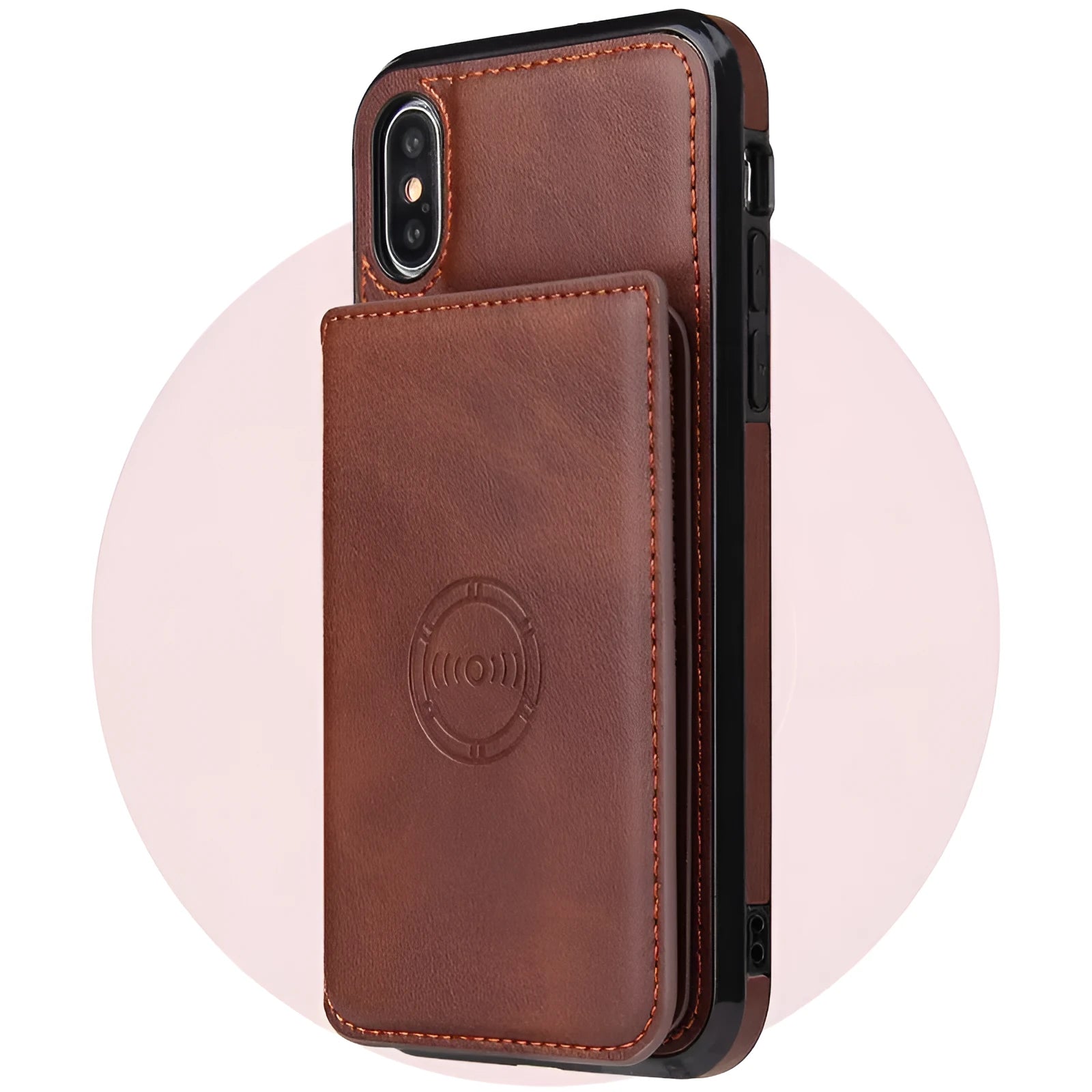 Imitation leather card wallet phone case for iPhone in black, shown with cards inserted.