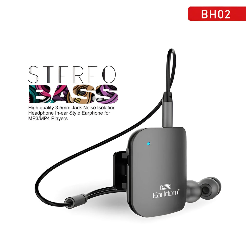 Black Bluetooth lavalier headset with earpiece and control unit, shown with packaging.