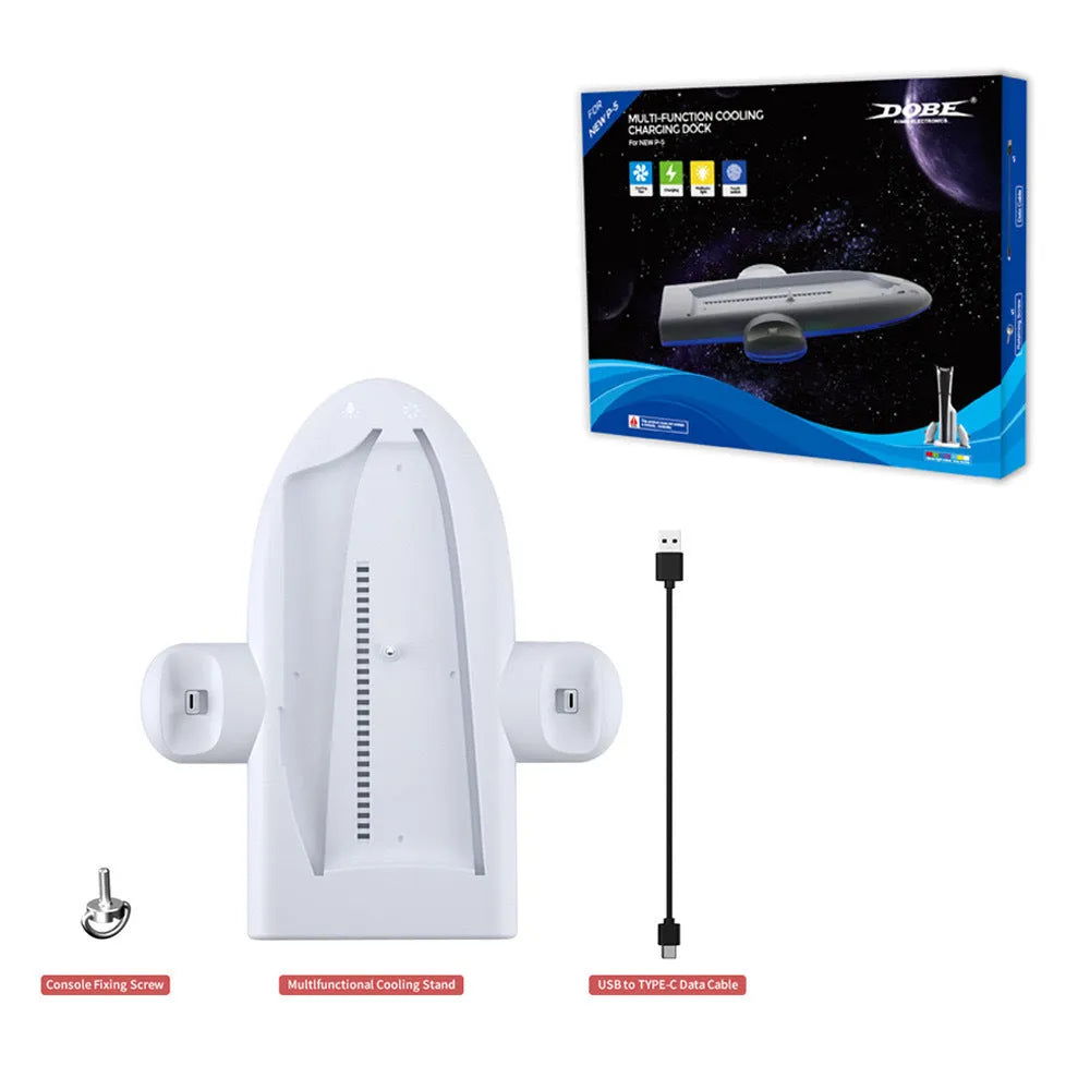 White PS5 Slim multi-function charging base with cooler pad, RGB lights, and charging belt.