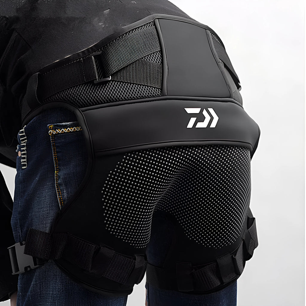 Black thick sea fishing cushion with non-slip rubber dots and adjustable waist belt buckles