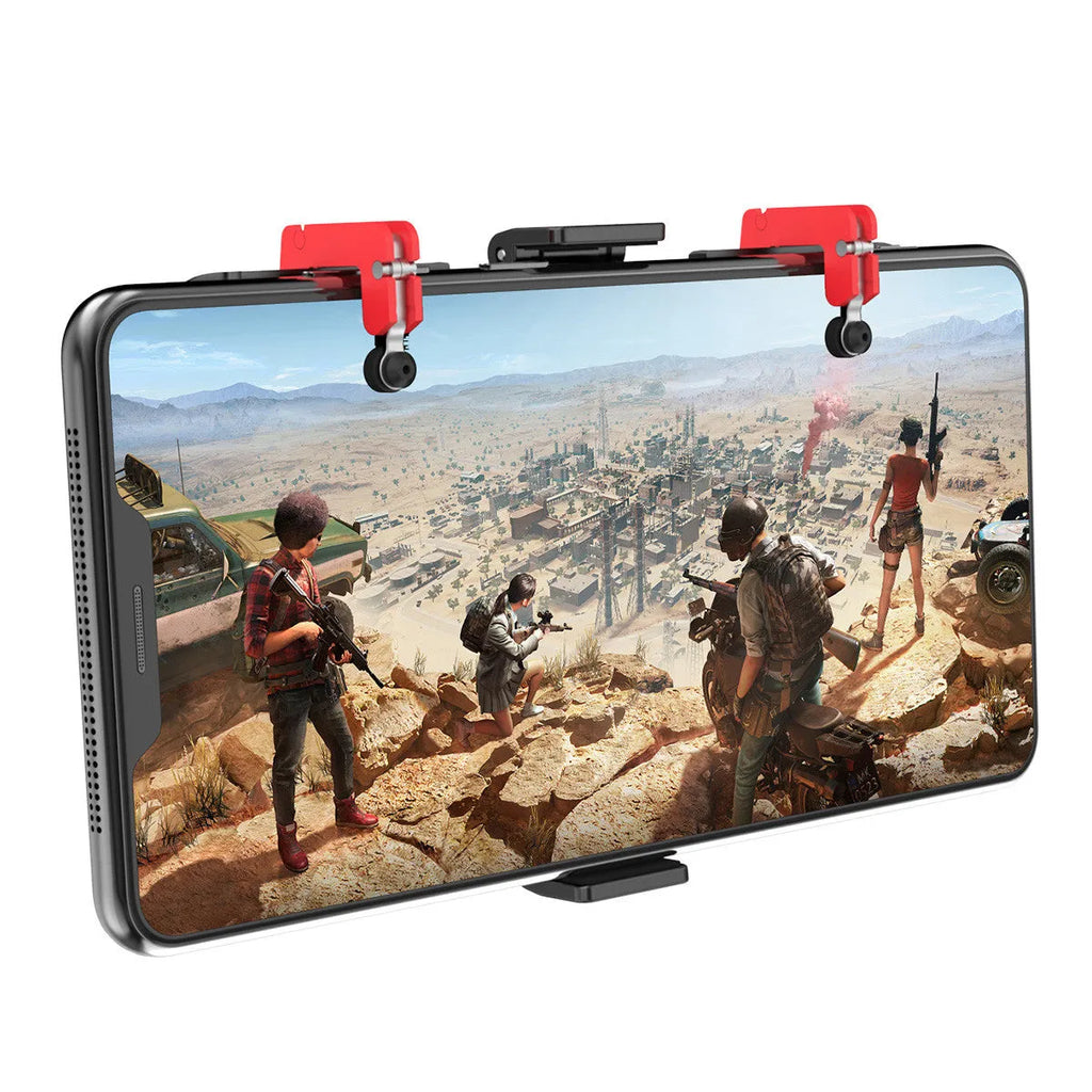 Black mobile gaming trigger handle showing metal trigger and adjustable phone clip