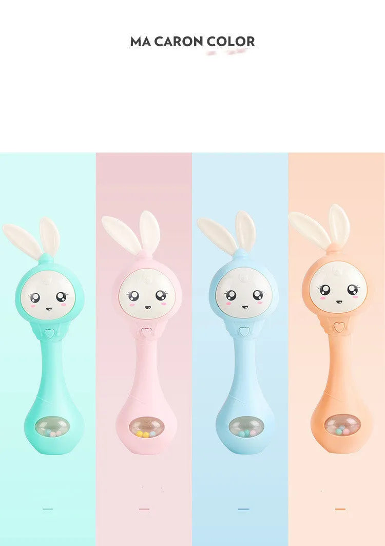 Baby musical teething stick toy in light blue, mint green, orange or pink with safe ABS plastic chewing surfaces