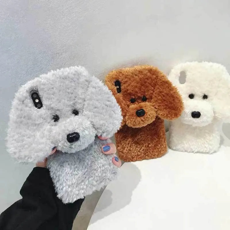 Plush teddy pet dog soft phone case for iPhone in brown colour