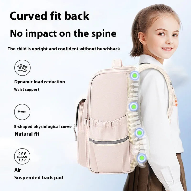 Lightweight Oxford cloth student schoolbag in modern style for Grade 5-6, shown in beige colour.