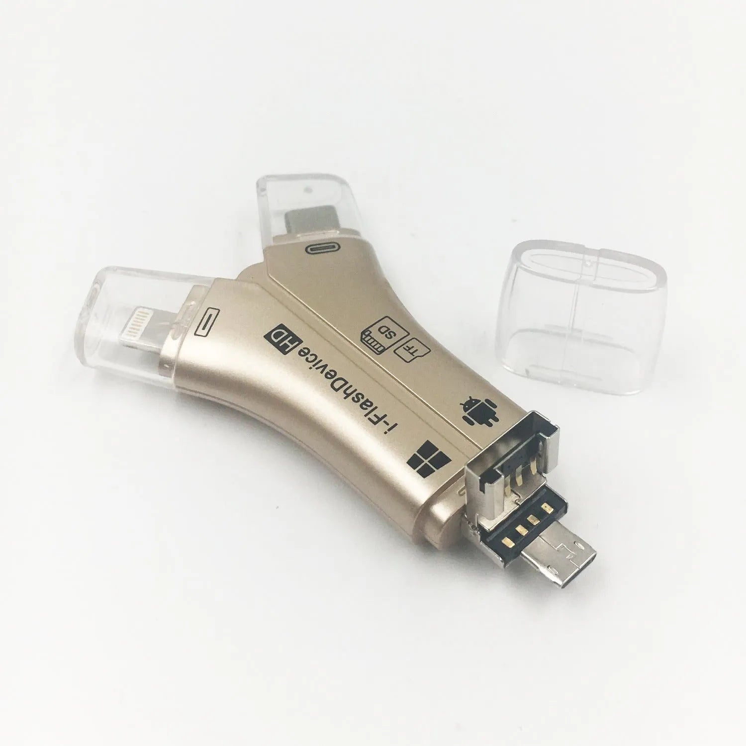 White NK908 4-in-1 SD card reader with Lightning, USB-C, Micro USB and USB ports on a wooden table.