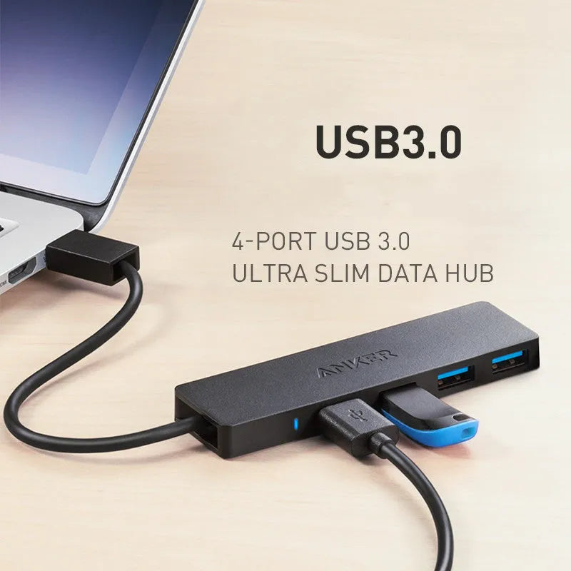 Black Anker 4-port USB 3.0 hub with 200 mm cable, showing four USB ports