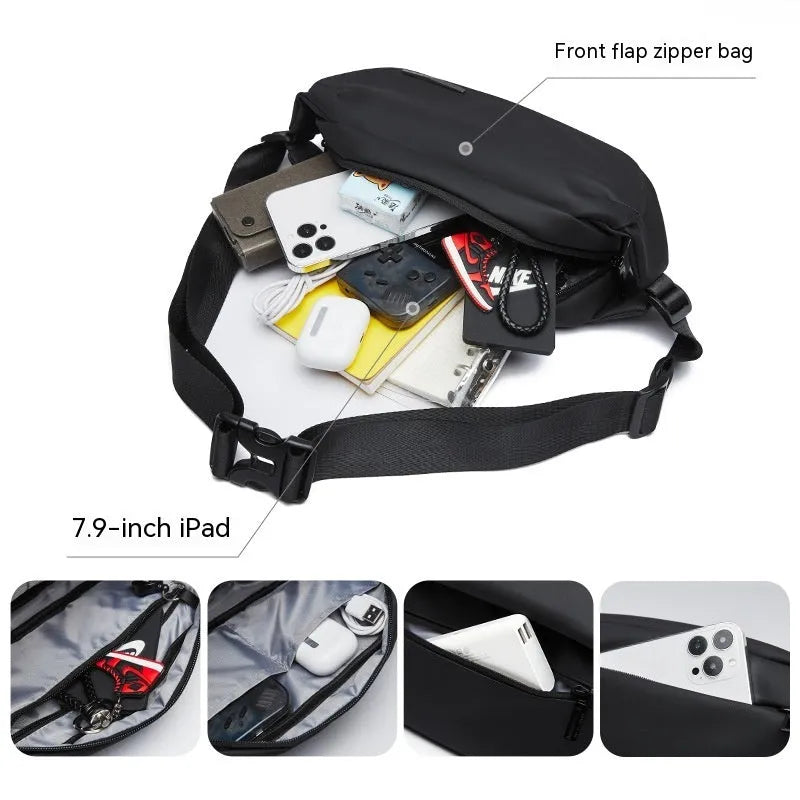 Black Oxford cloth men's messenger bag with single shoulder strap and sewing thread details