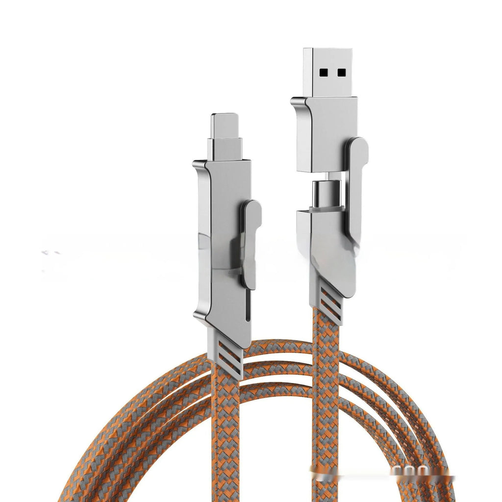 Six-in-one 120W fast charge data cable with zinc alloy connectors in black, showing multiple USB tips