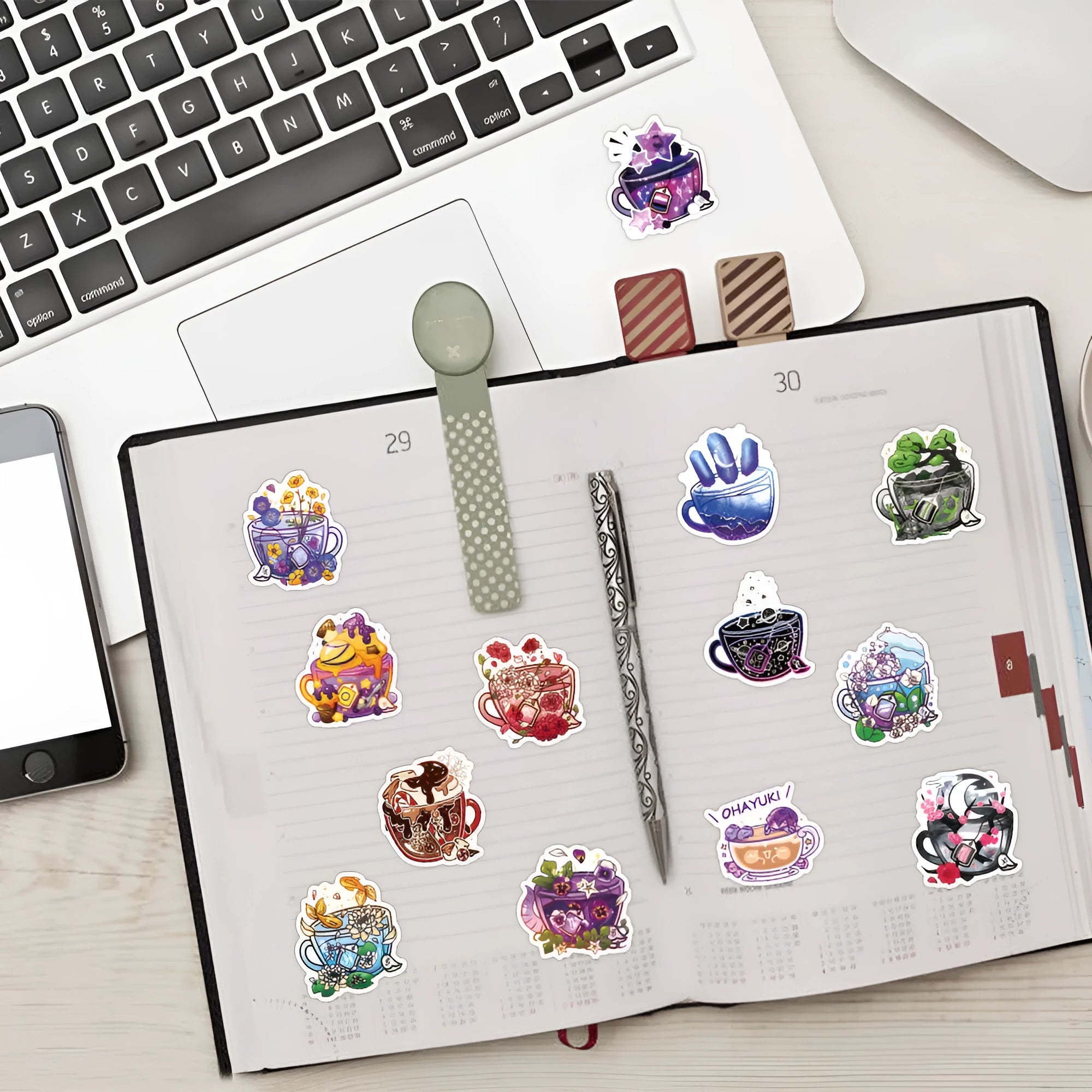 Pack of 50 colourful tea cup graffiti waterproof stickers in Nordic style for DIY luggage and scooter customisation.