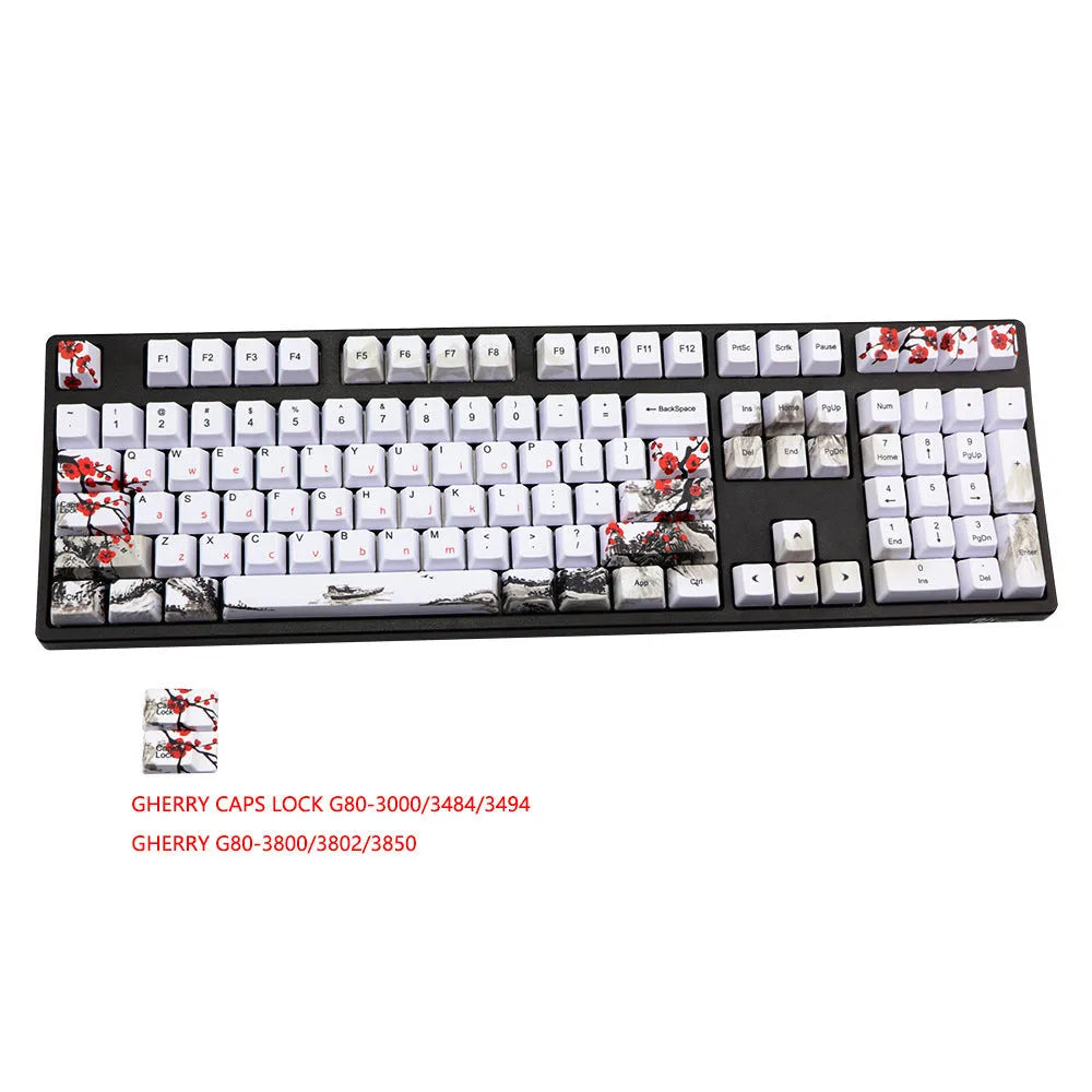 Set of 109 PBT keycaps with plum blossom design on a black background, showing Japanese legend style.