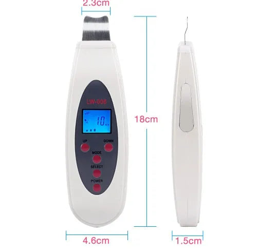 White ultrasonic skin cleaner with spatula probe, ABS body, 1.75m cable, for blackhead removal and facial cleaning