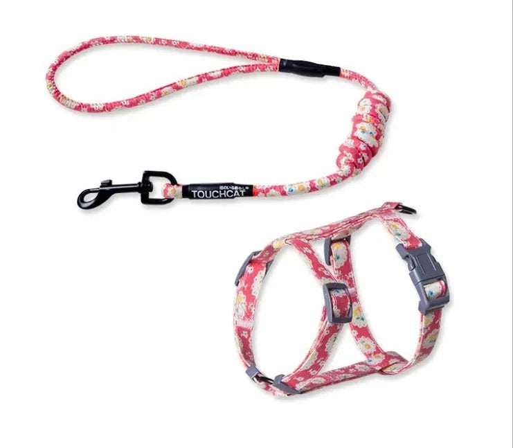 Nylon slipping cat rope harness and lead set in denim blue with adjustable neck and chest straps for small cats