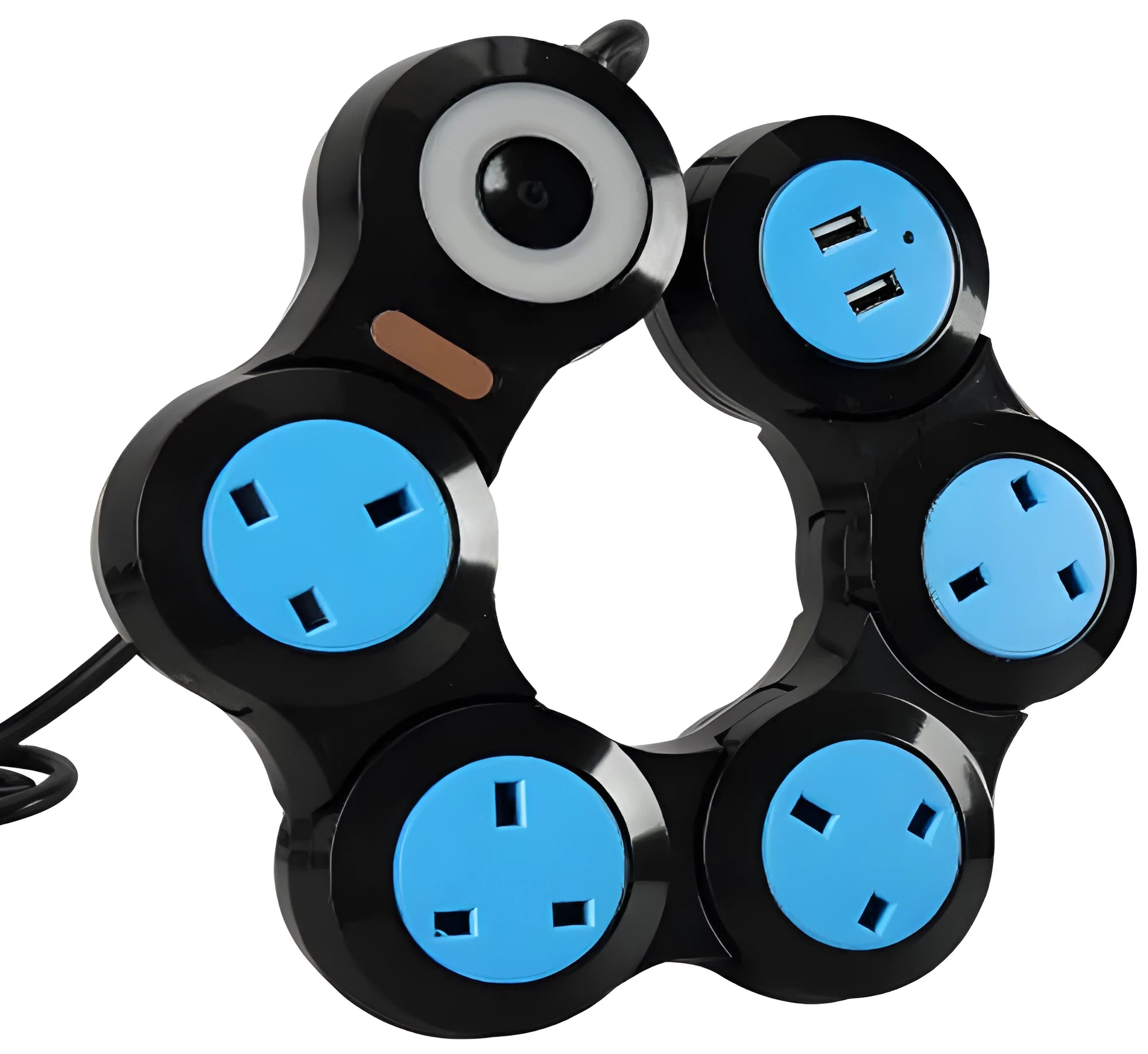 White UK power strip with five sockets, two USB ports, and a long black power cord.