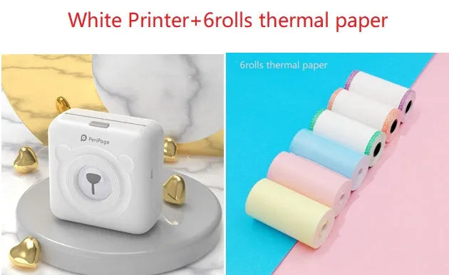Mini Bluetooth wireless thermal printer in white, pink, and blue, 79x42x79mm, for printing photos from smartphone