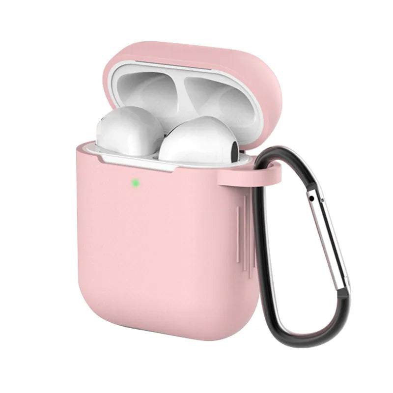 Liquid silicone clam-shell cover for Apple AirPods 1st and 2nd generation charging case.