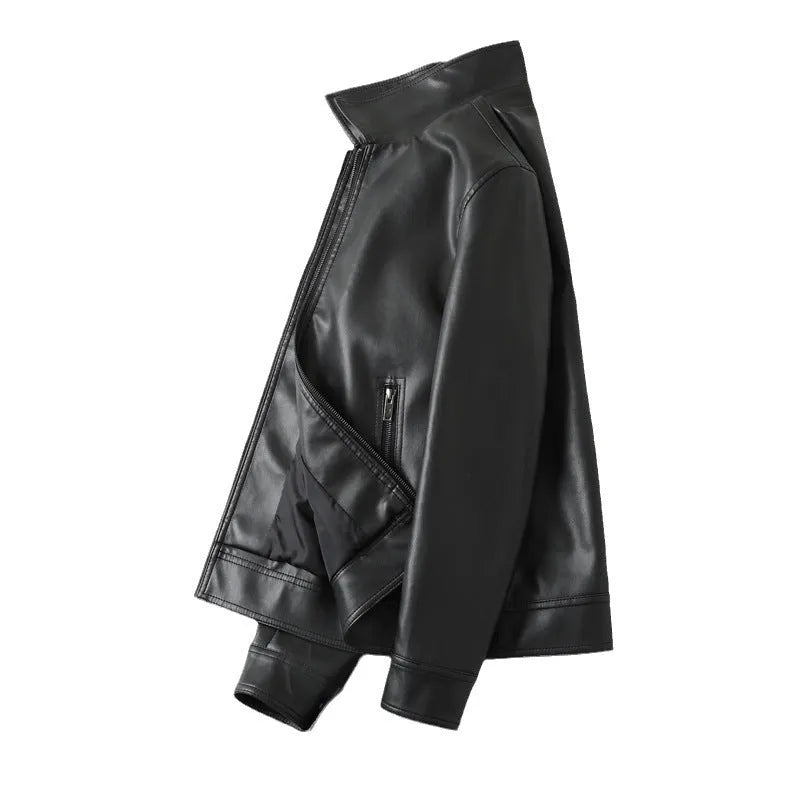Men's black loose fit PU leather casual jacket with zipper pockets