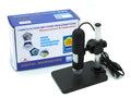 USB microscope camera with 8 white-light LEDs and manual focus ring, black casing, on white background