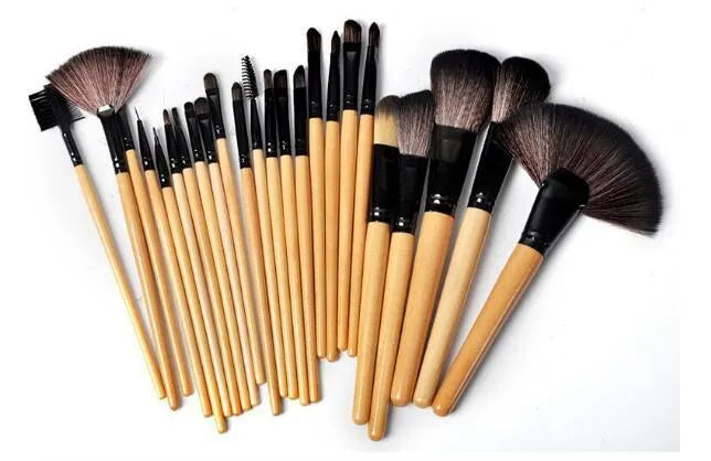 24 professional makeup brushes with wooden handles in a PU gift bag including eyebrow, powder and eyeshadow tools
