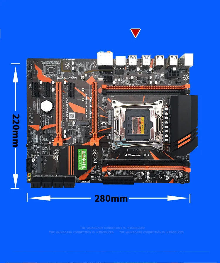 Black X99 ATX motherboard with LGA2011-3 socket, four DDR4 slots, dual PCI-E x16 slots, and heat sinks.