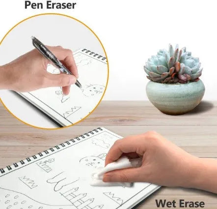 Black rewritable paper notebook open with spiral binding, erasable pen, and B5 size sheets