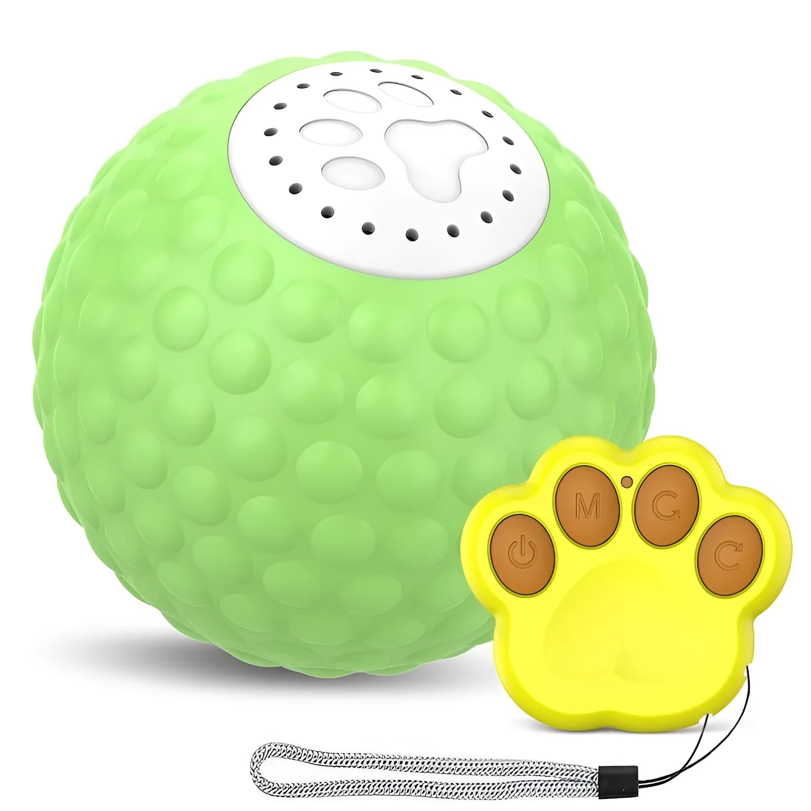 Blue electronic cat ball toy with remote control on a wooden floor.