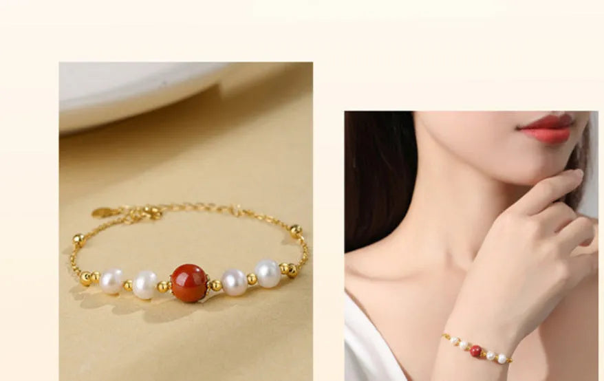 Yellow retro-style 925 silver bracelet with red bean pearl cinnabar design for women